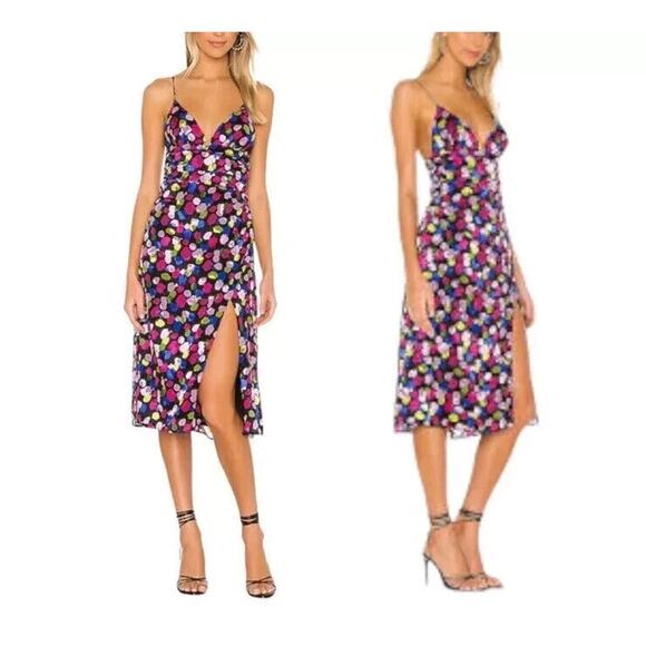 NBD Revolve Dress XL Josefien Ruched Multi Color Dot Print Midi Black Sleeveless - Picture 1 of 11